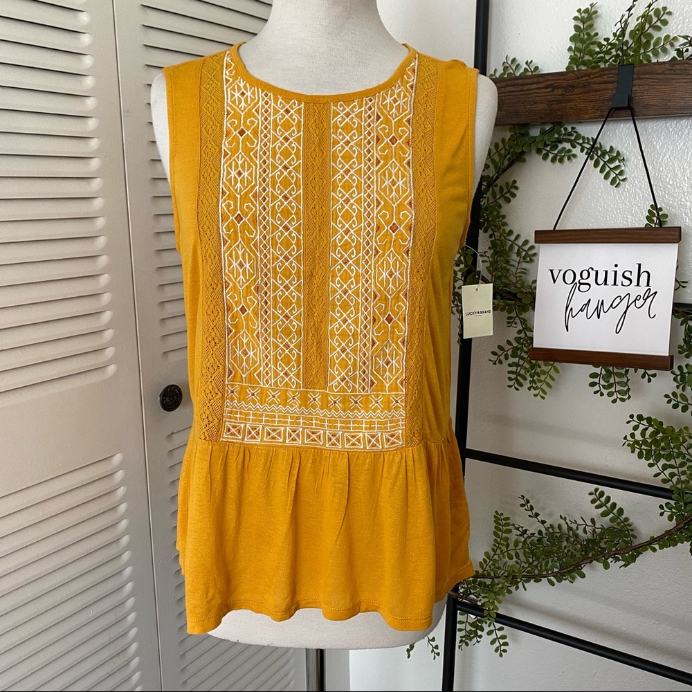 Lucky Brand Golden Glow Embroidered Peplum Sleeveless Top Medium